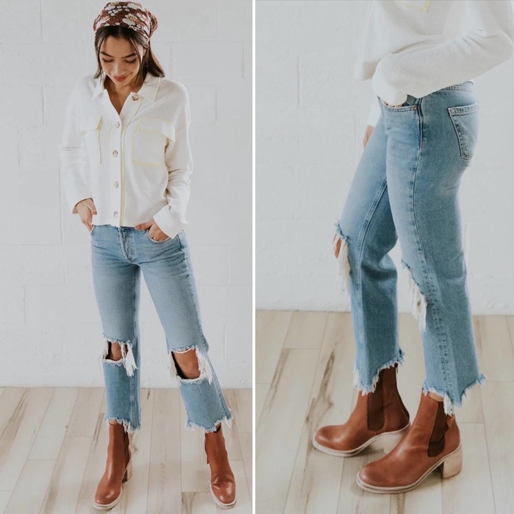 Free People Light Blue Distressed Straight Leg Jeans